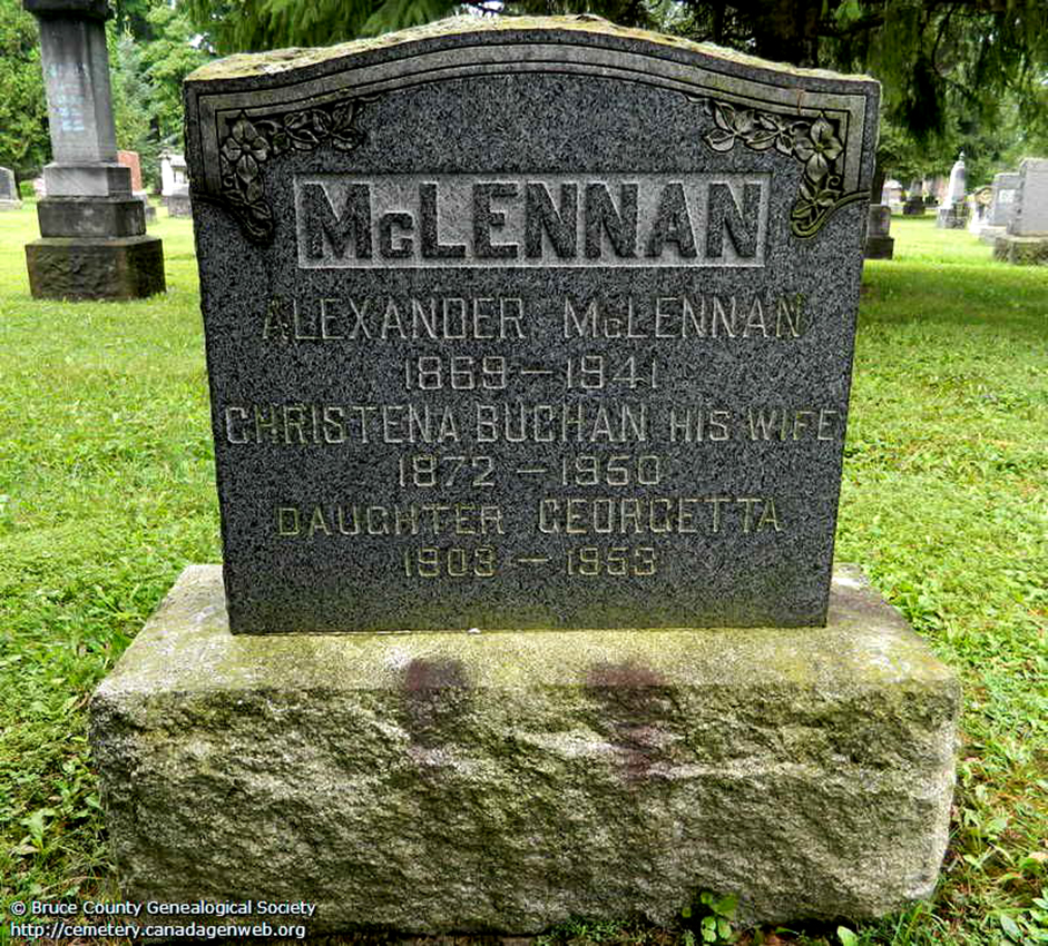 Photo of headstones/Alexander McLennan 1869-1941 hdstn Wlakerton cem Bruce ON